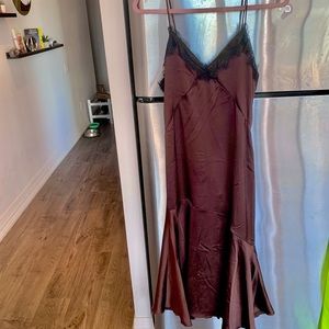 Brown satin midi dress with slit and lace detail